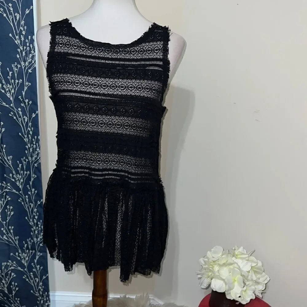 Free People Textured Pucker Up Lace Peplum Sleeveless Top Sheer Black sz s